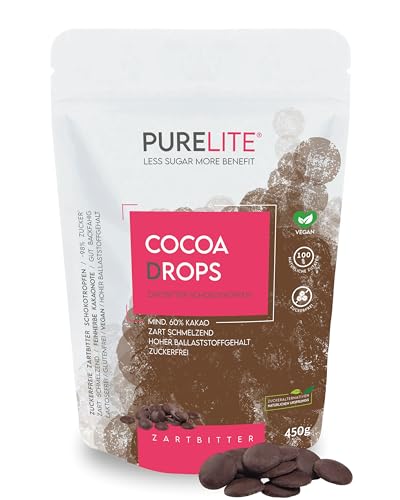 PURELITE Cocoa Drops zartbitter vegan 450g, feinherbe große Schokodrops ohne Zuckerzusatz mit Erythrit & Stevia ohne Nachgeschmack, Schokotropfen zum Backen, kalorienbewusst, mind. 60% Kakao von purelite