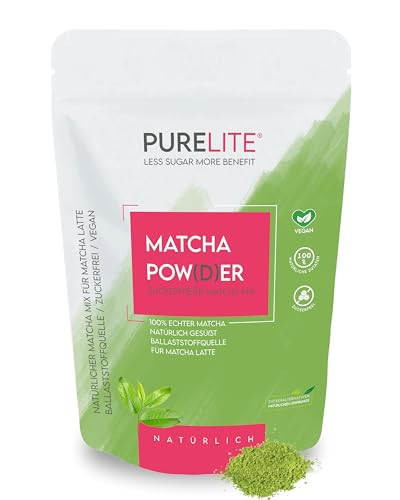 PURELITE Matcha Pulver 200g, vegan ohne Zucker mit Erythrit & Stevia, grüner japanischer Tee, ideal für Latte Tea und Smoothies Getränk, mit Koffein, guter Zucker- oder Kaffeeersatz, Antioxidatien von purelite