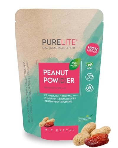 PURELITE Peanut Pulver vegan 450g Erdnuss m. natürlicher Dattel gesüßt, top Proteinquelle, ideal f. Diät, Mehlersatz, proteinreich, ohne Zuckerzusatz, mit Vitaminen & natürlichem Eiweiß von purelite