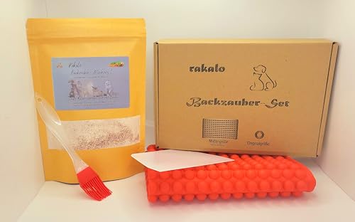 rakalo - Backmischung Set mit Backmatte, Pinsel und Teigschaber Katzenkekse/Katzenleckerlis und Katzenkekse Backform aus hochwertigem Buchweizenmehl mit Gemüse und Wildkräuter.getreidefrei von rakalo