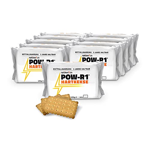 Abgepackte Kekse, 10er Pack, ration1 POW-R1® Hartkekse (Panzerplatten Bundeswehr), 14 knusprige Kekse pro Packung (155g), 10x 155g, Butterkeks Geschmack, 5 Jahre haltbar, für Outdoor, Camping, Wandern von ration1.de