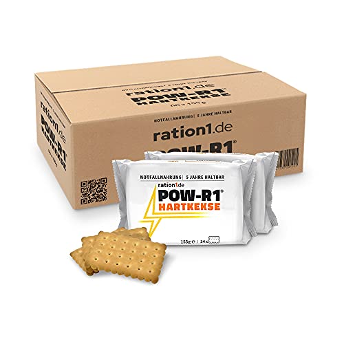 Abgepackte Kekse, 60er Pack, ration1 POW-R1® Hartkekse (Panzerplatten Bundeswehr), 14 knusprige Kekse pro Packung (155g), 60x 155g, Butterkeks Geschmack, 5 Jahre haltbar, für Outdoor, Camping, Wandern von ration1.de