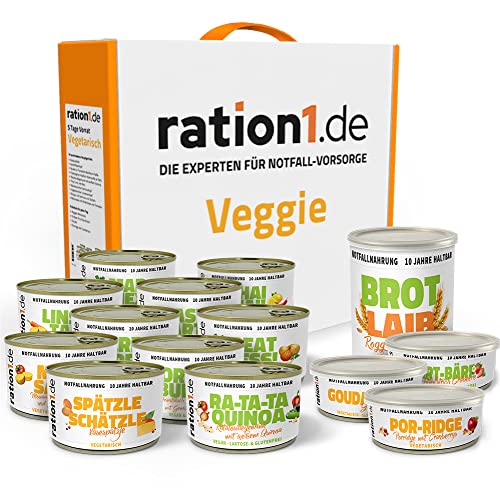 ration1 5 Tage Notvorrat Vegetarisch - vegetarische Hauptgerichte & Frühstück - ohne Kühlung 10 Jahre haltbar (MHD 2034) - Notfallnahrung lange haltbar - Lebensmittel Notration von ration1.de