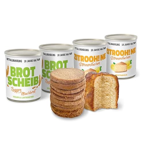 ration1 Probierpaket Dosenbrot 2x 350g und Dosenkuchen 2x 360g, Zitronenkuchen, Roggen-Mischbrot, fertig gebacken, Kuchen & Brot zum Wandern, Camping, als Notvorrat, beim Picknick,10 Jahre haltbar von ration1.de