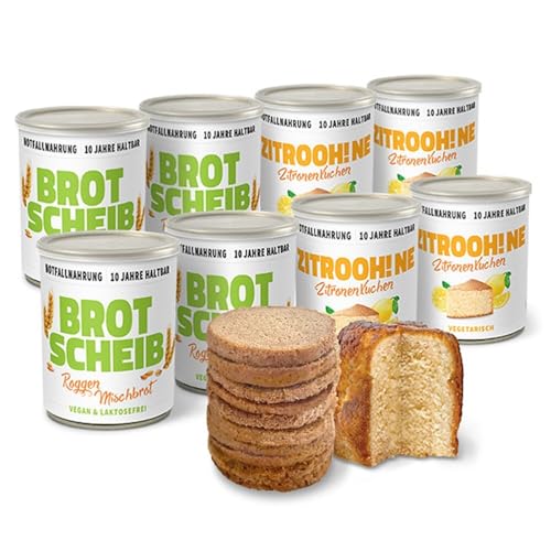 ration1 Probierpaket Brot und Kuchen, 8er Pack 10 Jahre haltbar, 4x Roggenmischbrot 350g, 4x Zitronenkuchen 360g, Dosenbrot und Dosenkuchen Vorratspackung für Wandern, Camping, als Notfallnahrung von ration1.de