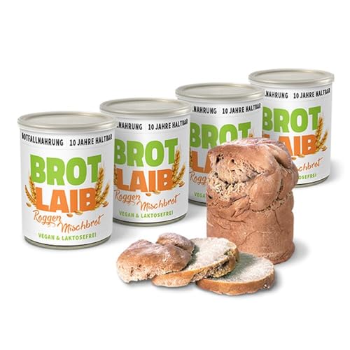 ration1 Roggen-Mischbrot 4 x 350g, Dosenbrot 10 Jahre haltbar, abgepacktes haltbares Brot in der Dose, vegan & laktosefrei, öffnen & genießen, als Camping Zubehör, für Outdoor oder Notfall Ausrüstung von ration1.de