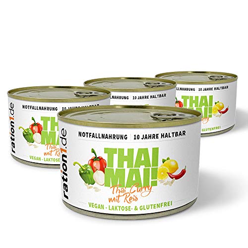 ration1 Thai Curry mit Reis 4x 400g - 10 Jahre haltbar! Vegan, Laktosefrei & Glutenfrei! Einfach öffnen und kalt oder warm genießen - keine weiteren Zutaten notwendig! von ration1.de