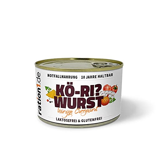 ration1 Würzige Currywurst 1x 400g, Fertiggerichte lange haltbar, laktosefrei & glutenfrei, Camping Outdoor Nahrung, Festival Zubehör, Notfall Ausrüstung Lebensmittel, Essen Survival Kit von ration1.de