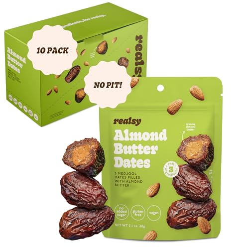 Realsy Medjool-Datteln mit Mandelbutter gefüllt, Bio-Datteln ohne Zuckerzusatz, glutenfrei, vegan, gute Ballaststoffquelle, niedriger glykämischer Index, natürlicher gesunder Snack, 10 Stück von realsy