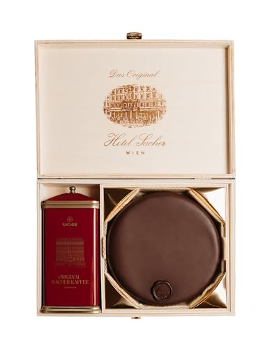 Original Sacher Geschenkbox - Sacher-Torte M & Kaffee - Schokoladentorte mit Marillenkonfitüre & Aromatischer Kaffee - Meisterwerke als Geschenkidee von sacher