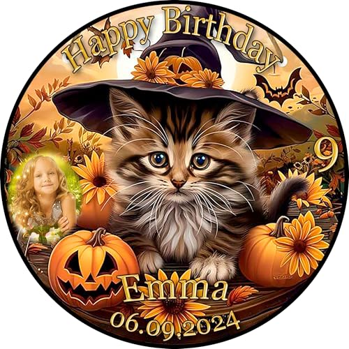 Tortenaufleger Fototorte Tortenbild Geburtstag Halloween Katze Hexenhut Kürbis Herbst Sonnenblume HW35 (Zuckerpapier) Rund 14 cm Ø mit Foto von sales-world24