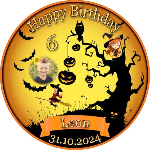 Tortenaufleger Fototorte Tortenbild Geburtstag Halloween Kürbis Hexe Fledermaus HW30 (Zuckerpapier) Rund 14 cm Ø mit Foto von sales-world24