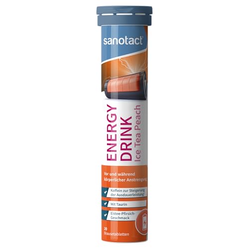 sanotact Energy Drink Brausetabletten Eistee Pfirsich (20 Stück) – Taurin + Koffein + B-Vitamine – Zuckerfrei & Kalorienfrei – Für Energie, Ausdauer & Fokus – Vegan & Laktosefrei von sanotact