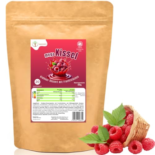 megaKISSEL Gelatine-Dessert Ohne Zuckerzusatz – Gesunder, warmer Dessert mit Gefriergetrockneten Früchten, Natürliche Alternative, 400g (20 Portionen) (Himbeere) von sansei