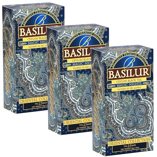 BASILUR Magic Nights Ceylon-Schwarztee mit Erdbeer-, Aprikosen-, Ananas- und Papayageschmack, Beuteln 25 x 2 g (x3) von sarcia.eu