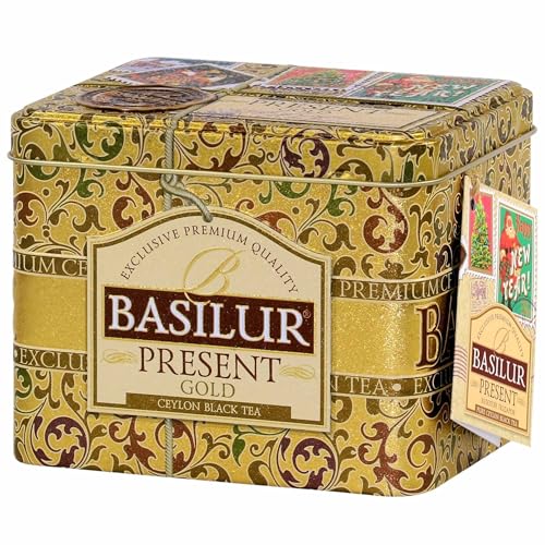 BASILUR Present Gold- schwarzer Blatt-Tee in dekorativer Dose, Weihnachtstee 100g (x1, Present Gold) von sarcia.eu