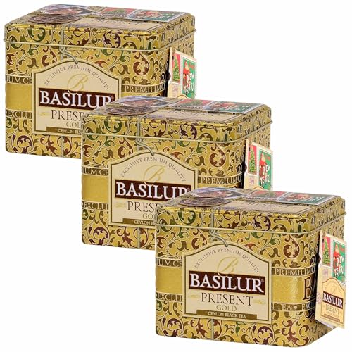 BASILUR Present Gold- schwarzer Blatt-Tee in dekorativer Dose, Weihnachtstee 100g (x3, Present Gold) von sarcia.eu