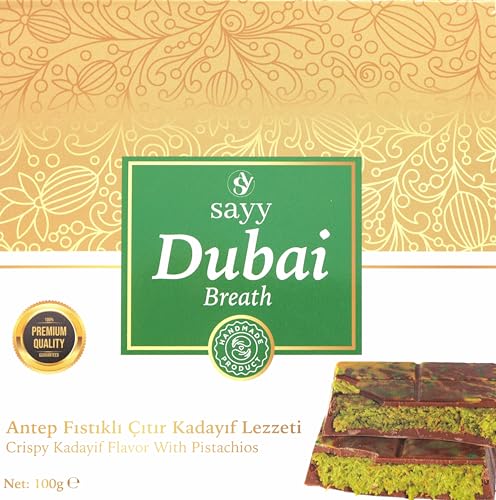 Dubai Breath Schokolade – Knuspriger Kadayıf mit Pistazien, Premium-Qualität, Handgemachte Dessert-Tafel,Halva 100g (1stück/100gr) von sayy