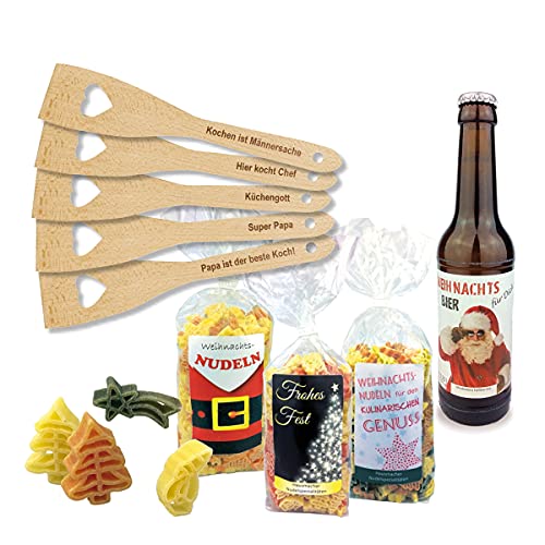 3-tlg. Geschenkset für Männer/Herz-Pfannenwender auswählen/Nudeln/Weihnachtsbier/Männer/Weihnachten, Motiv:Nikolaus, Gravur:Hier kocht der Chef von schenken-24