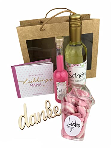 Geschenk für Mama - Wein - besonderes Geschenk - Likör - Buch - Muttertag - Marshmallows - Schriftzug Danke aus Holz - Präsentkorb - inkl. Geschenktasche von schenken-24