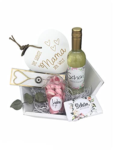 Geschenk für Mama - Wein- besonderes Geschenk - Muttertag - graviertes Holzherz- Präsentkorb - Wunderkerze - Mini-Schoki - inkl. Geschenkverpackung von schenken-24