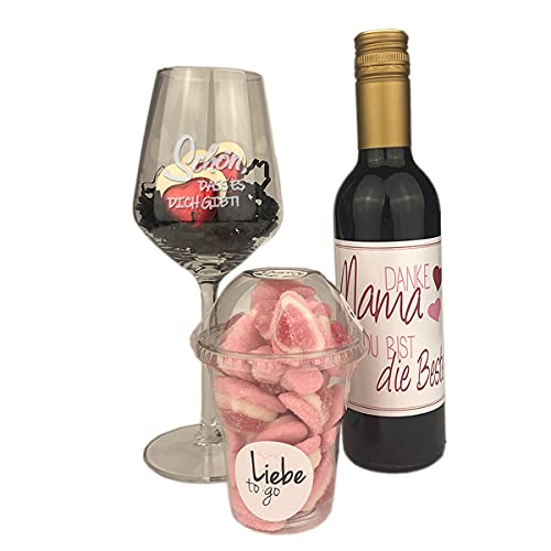 Geschenk für Mama - Wein - persönliches Geschenk - graviertes Weinglas - Muttertag - Marshmallows - Präsentkorb von schenken-24