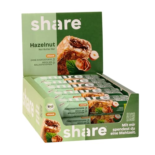 share Bio Nut Butter Bar Haselnuss – Vegan, ballaststoffreich, Proteinquelle, ohne Zusatzstoffe – 15x50g Bio Snackriegel mit Haselnüssen & Haselnussmus – Snack für unterwegs – Spendet eine Mahlzeit von share