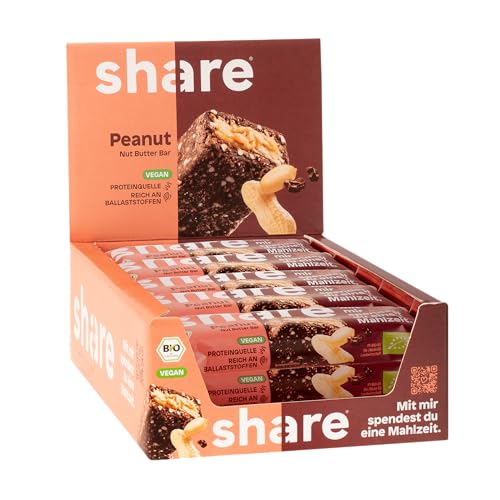 share Bio Nut Butter Bar Peanut – Vegane, ballaststoffreiche Proteinquelle ohne Zusatzstoffe – 15x50g Bio Snackriegel mit Kakao & Erdnussmus – Praktischer Snack für unterwegs – Spendet eine Mahlzeit von share