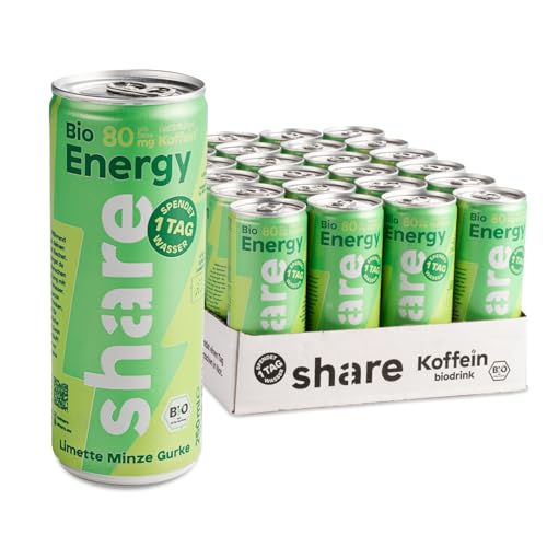 share Bio Energy Limette Minze & Gurke (24 x 250ml) – Veganes, koffeinhaltiges Erfrischungsgetränk mit natürlichem Koffein – Koffein Drink in Bio-Qualität – Spendet Trinkwasser von share