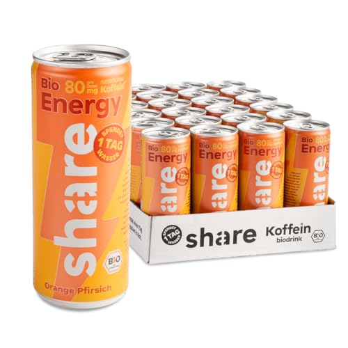 share Energy Drink Orange & Pfirsich 24 x 250 ml – Wachmacher spendet je einen Tag Trinkwasser an einen Menschen in Not – Getränk mit 80 mg natürlichem Koffein je Dose von share