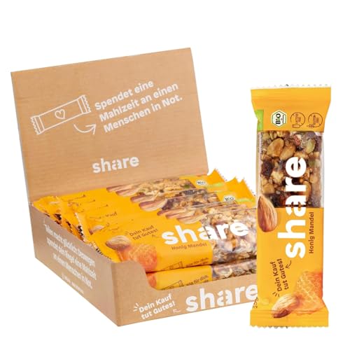 share Nussriegel Honig & Mandel 15 x 35 g – Spendet Mahlzeiten – Bio Snackriegel – Mandel, Erdnüsse & Honig – glutenfrei – ohne Palmöl von share