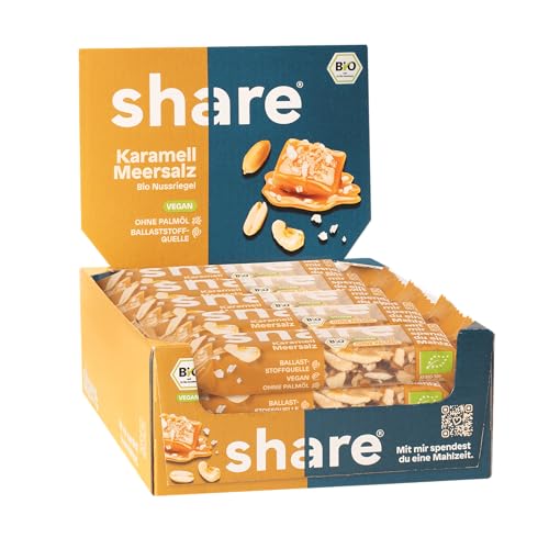 share Nussriegel Karamell Meersalz 15x35 g – Bio Riegel spenden je eine Mahlzeit an einen Menschen in Not – Erdnüsse, Mandeln & Meersalz – vegan & glutenfrei – ohne Palmöl von share