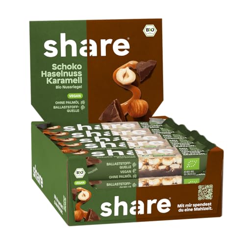 share Nussriegel Schoko Haselnuss Karamell 15 x 35 g – Bio Riegel spenden je eine Mahlzeit an einen Menschen in Not – Haselnüsse, dunkle Schokolade & Karamell – vegan – ohne Palmöl von share