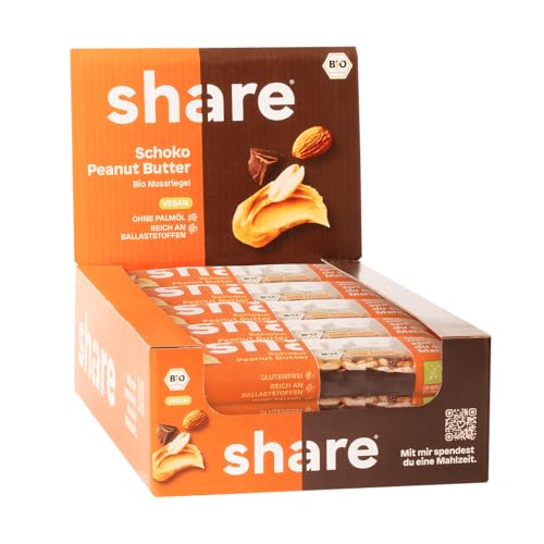 share Nussriegel Schoko Peanut Butter 15x35 g – Bio Riegel spenden je eine Mahlzeit an einen Menschen in Not – Erdnüsse, Mandeln & dunkle Schokolade – vegan & glutenfrei – ohne Palmöl von share