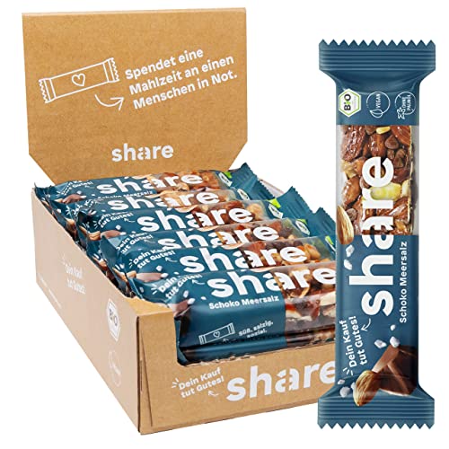 share Nussriegel Schoko & Meersalz 15 x 35 g – Spendet Mahlzeiten – Bio Snackriegel mit Mandel, Haselnuss, Schokolade & Meersalz – Vegan – Ohne Palmöl von share