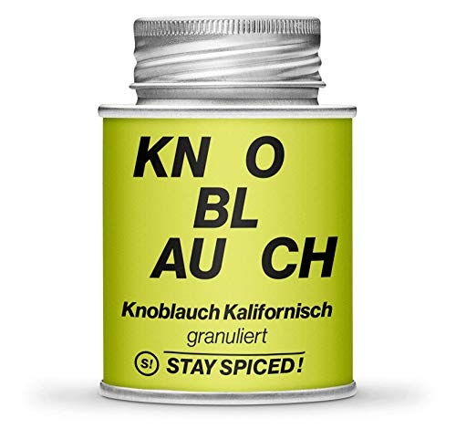 Erstklassiges Knoblauchgranulat von STAY SPICED ! I Knoblauch Pulver Straight from California I Scharf-süß-fruchtig I Füllgewicht 90g | 170ml Schraubdose aus Weißblech zu 100% recyclebar von stay spiced!