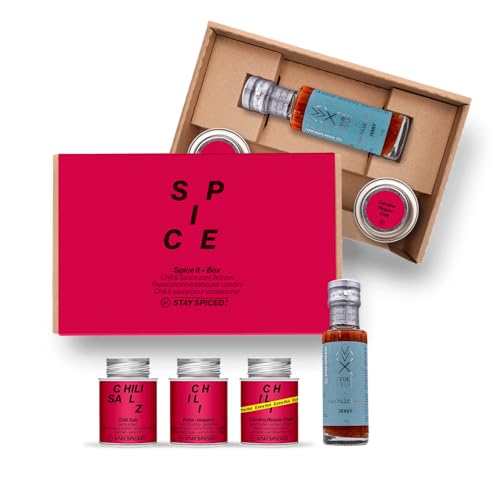 STAY SPICED ! Spice it Geschenkbox | Chili Gewürze Set & Chili Sauce | 3 Chili Gewürze und 1 Sauce in Gewürzbox | Gewürze Geschenkset | Gewürzset | Gewürzbox von stay spiced!