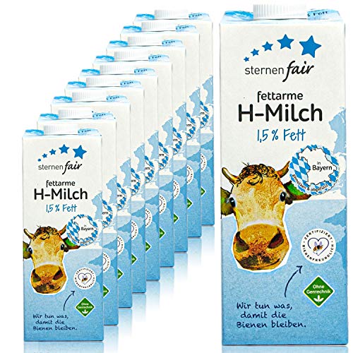 sternenfair - 10er Pack H-Milch fettarm 1,5 % in 1 Liter Packung - Haltbare Milch aus Bayern - Artgerechte Tierhaltung, ohne Gentechnik und Bienenfreundliche Flächenbewirtschaftung von sternenfair