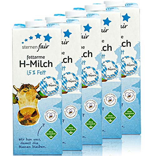 sternenfair - 5er Pack H-Milch fettarm 1,5 % in 1 Liter Packung - Haltbare Milch aus Bayern - Artgerechte Tierhaltung, ohne Gentechnik und Bienenfreundliche Flächenbewirtschaftung von sternenfair