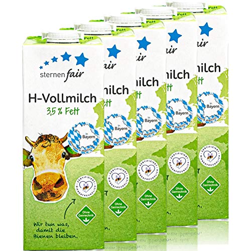 sternenfair - 5er Pack H-Vollmilch 3,5 % in 1 Liter Packung - Haltbare Milch aus Bayern - Artgerechte Tierhaltung, ohne Gentechnik und Bienenfreundliche Flächenbewirtschaftung von sternenfair