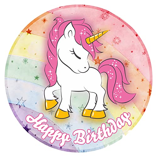 J&M DECO Tortenaufleger Geburtstag - Tortendeko Einhorn Mädchen - Geburtstagskuchen Deko aus Fondant - Rund 20 cm - Esspapier Tortendeko - Tortenaufleger Einhorn - Cake Decoration von J&M DECO