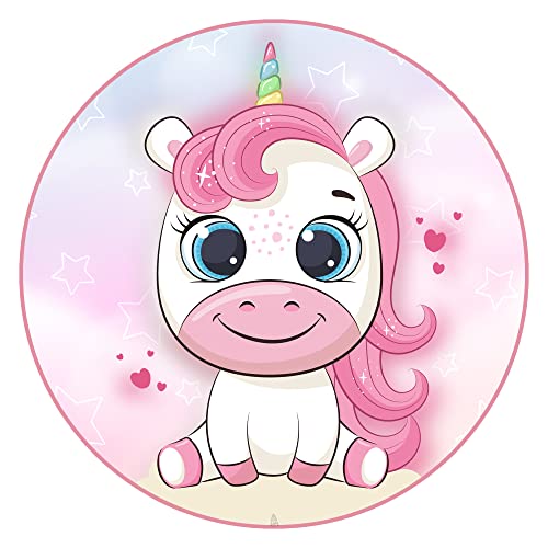 J&M DECO Tortenaufleger Geburtstag - Tortendeko Einhorn Mädchen - Geburtstagskuchen Deko aus Fondant - Rund 20 cm - Esspapier Tortendeko - Tortenaufleger Einhorn - Cake Decoration von J&M DECO