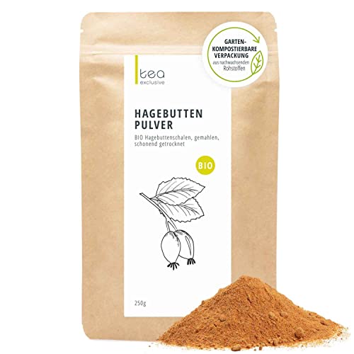 Bio Hagebuttenpulver, Premium Rohkost Qualität, vitaminreich, ganze Hagebutte erntefrisch fein gemahlen zu Bio Hagebutten Pulver, 250g - tea exclusive von tea exclusive