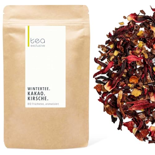 tea exclusive - Winter-Tee "Kakao Kirsche" | BIO Weihnachtstee mit Früchten, Mandel, Vanille, Tonka | koffeinfreier loser Früchtetee | 100g Beutel von tea exclusive