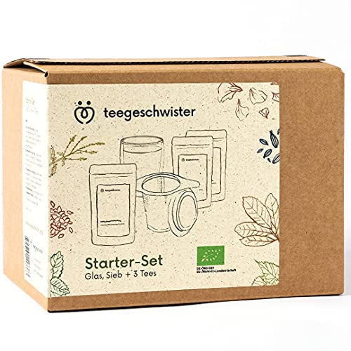 teegeschwister® Starter Tee-Set | Tee-Geschenk-Set mit 3 losen Bio Tees, Tee-Glas und Tee-Sieb | Probierset mit 120g Tee (Ca. 50-60 Tassen) von teegeschwister