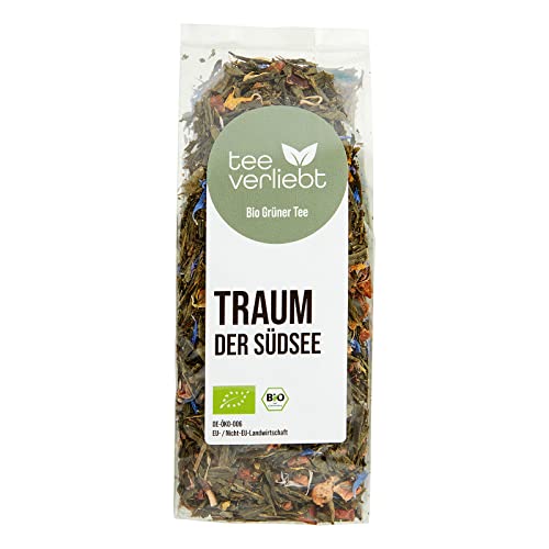 teeverliebt - Bio Grüntee Sencha Traum der Südsee I Loser Grüner Tee I Exotische Grünteemischung Erdbeere, Aprikose, Jasmin & Apfel I Aus kontrolliert biologischem Anbau I 100 g von teeverliebt