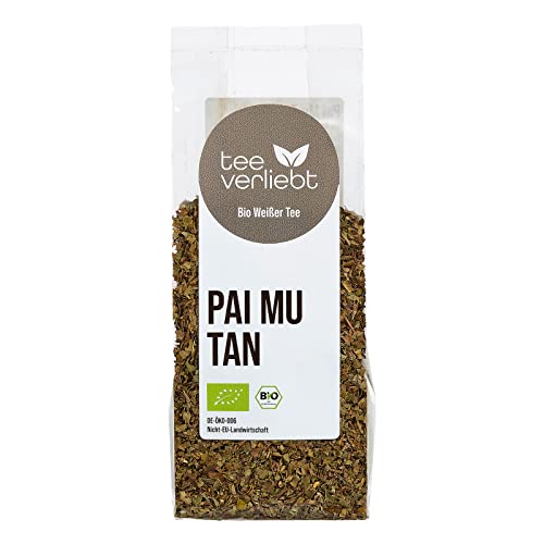 teeverliebt - Bio Pai Mu Tan Tee 75 g Feinschnitt I Bio weisser Tee lose fein geschnitten aus kontrolliert biologischem Anbau I belebend-frische Teemischung I Weisser Tee Pai Mu Tan 75g von teeverliebt