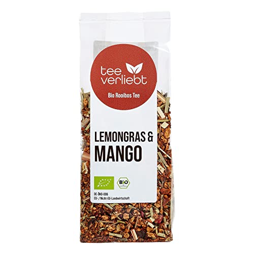 teeverliebt - Bio Rooibos Tee Mango & Lemongras 100 g I Loser Rotbusch-Tee in feinster Blatt-Qualität - koffeinfrei I Exotisch Fruchtig Frisch I Aus kontrolliert biologischem Anbau I 100g von teeverliebt