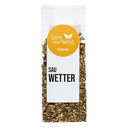 teeverliebt - Kräutertee Sauwetter I Lose Kräutermischung 13 Kräuter I Aromatisierter Kräutertee mit Pfefferminz, Spitzwegerich & Fenchel I Aus kontrolliert biologischem Anbau I 50 g von teeverliebt