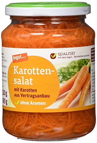 tegut... Karottensalat im Glas, mild aromatischen Geschmack, frische Note in jedem Gericht, wiederverschließbar, 330g (Abtropfgewicht - 190g) von tegut…